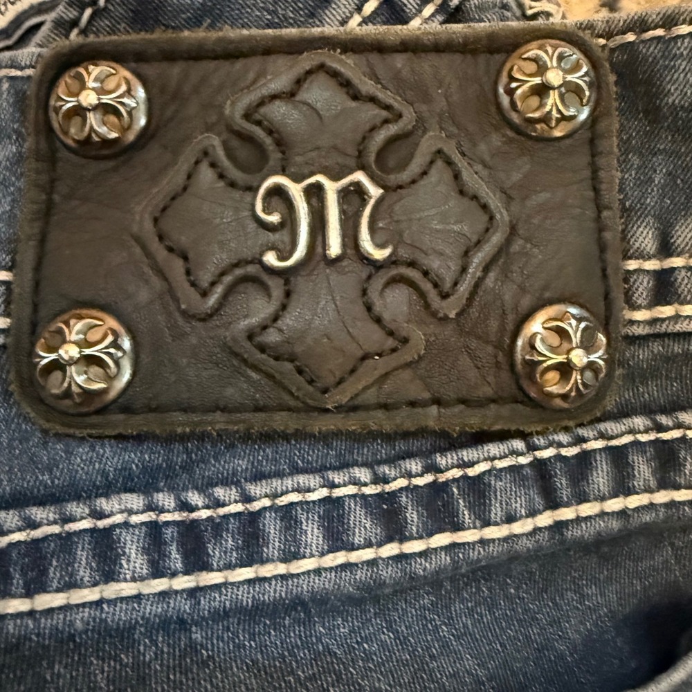 Miss Me JE6033GL Skinny Jeggings Dark Wash Fleur De Lis Rhinestone Jeans 28 - Picture 4 of 9